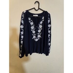 Loft Large Blue Viscose White Floral Embroidered V-Neck‎ Blouse Long Sleeve Top